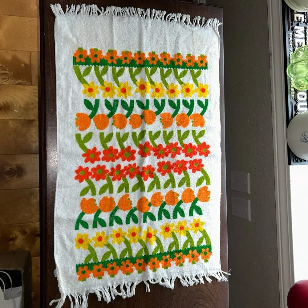 2 NOS vintage floral towels 1970s orange yellow green flower fringe edges retro